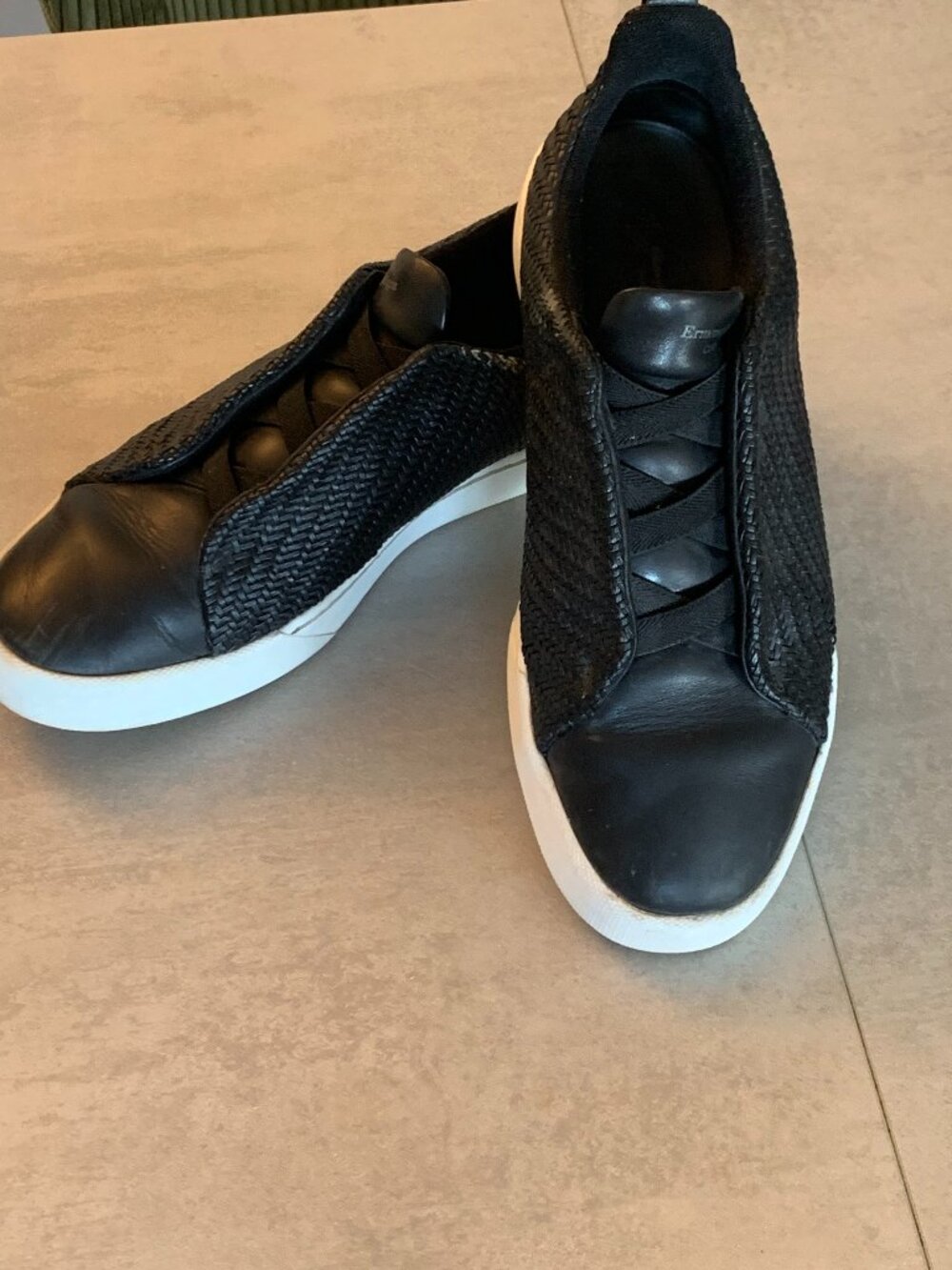 Zegna Black Woven Leather Slip On Sneakers 8.5